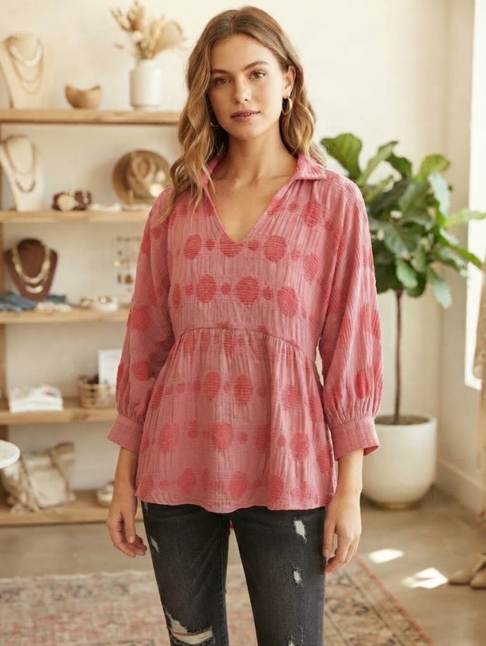 Umgee Coral Pink Textured Polka Dot V-Neck Tunic